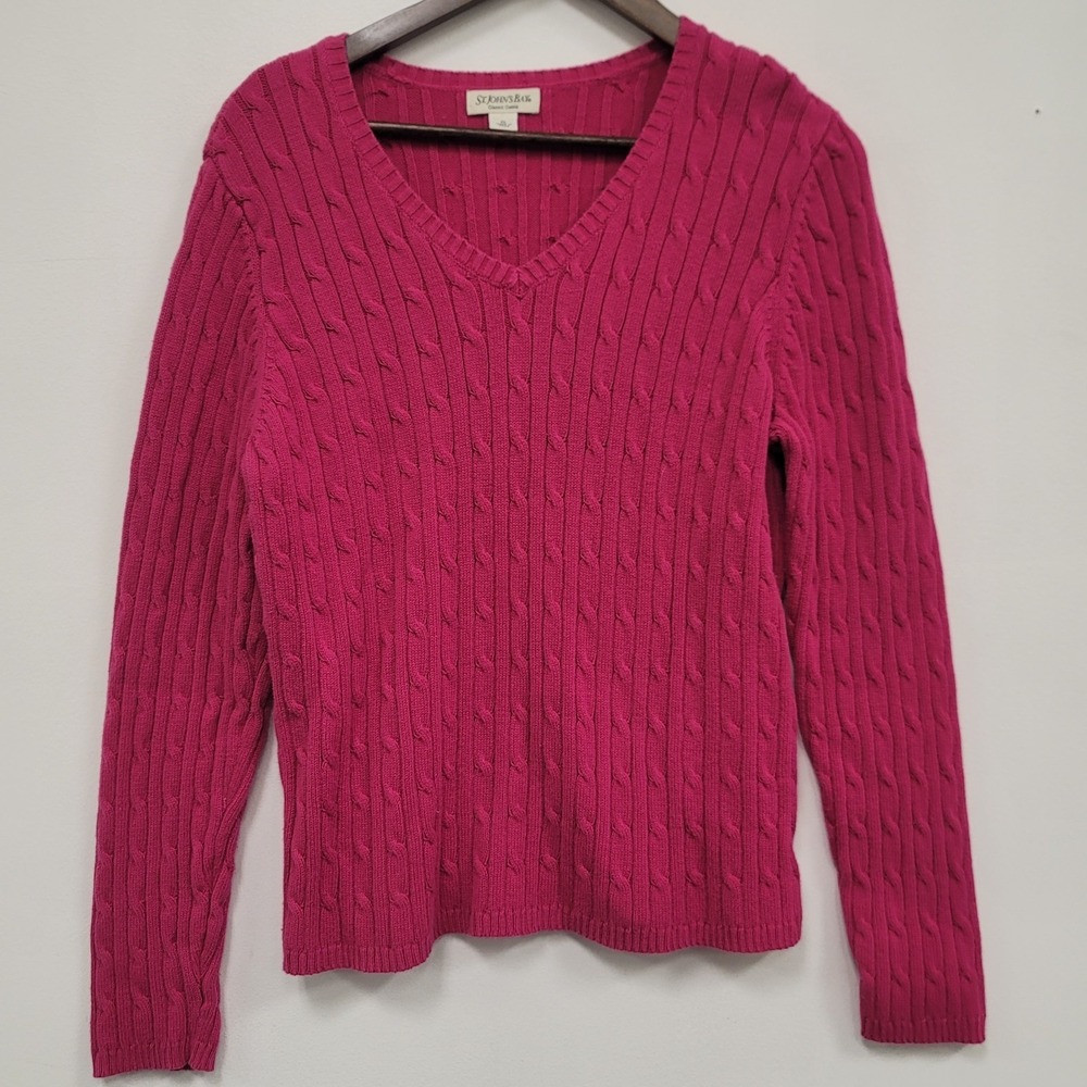 St Johns Bay Womens Vtg Pink V Neck Cable Knit Sweater Size XL Tennis Preppy Ivy